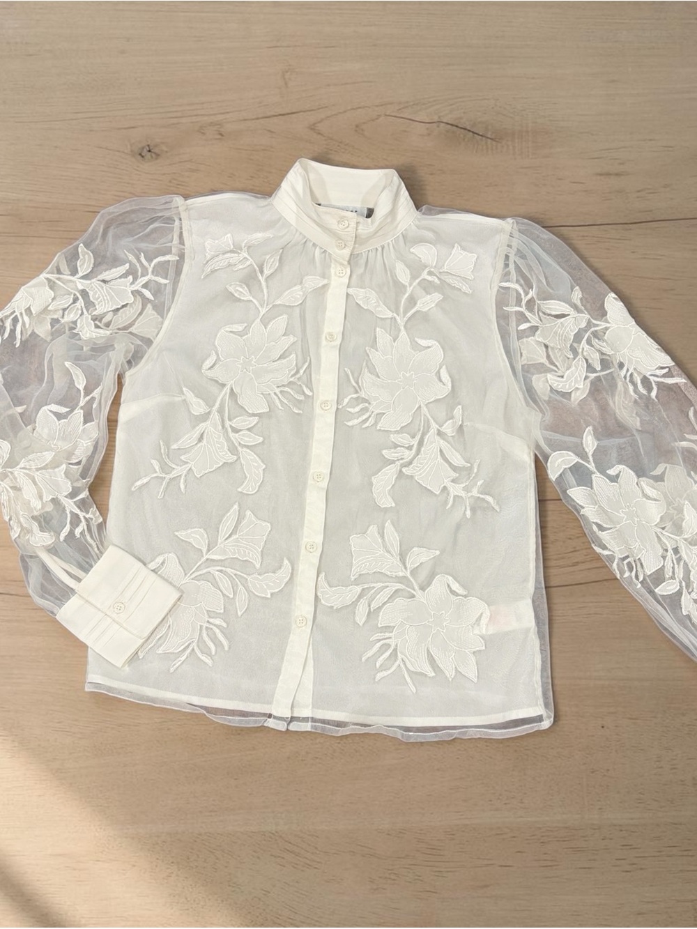 Topshop ASOS White Sheer Embroidered Button-Up Stand-Up Collar Blouse Sz 2